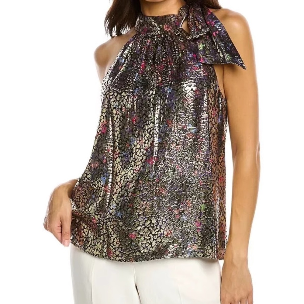 Ramy Brook Printed Sahar Blouse Size Small Black Multicolored Gold Animal Print